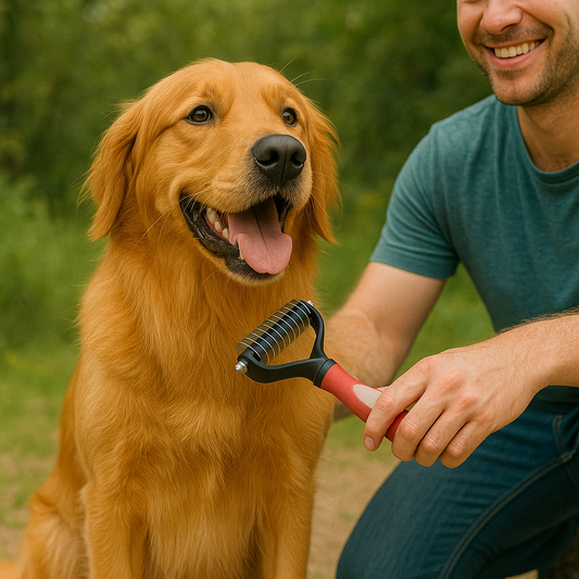 Brosse pour chien poil long Rouge chien golden se faisant brosser par son maitre