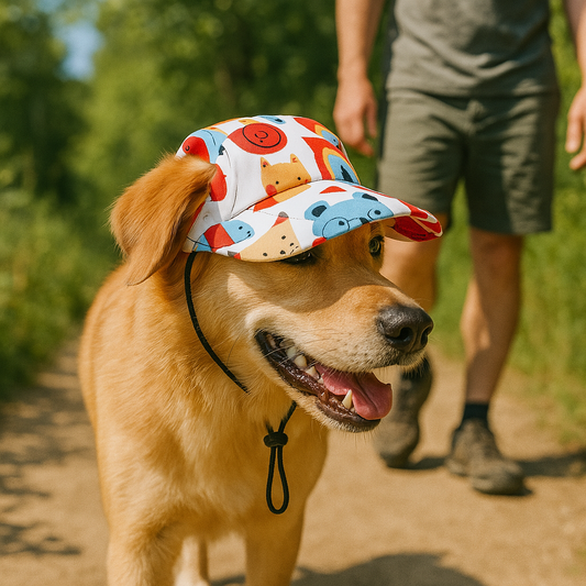 Casquette pour chien anti-soleil blanc labrador en randonnée avec son maitre