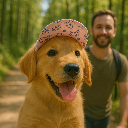 Casquette pour chien anti soleil blanc ou bleu blanc chiot labrador en foret avec son maitre