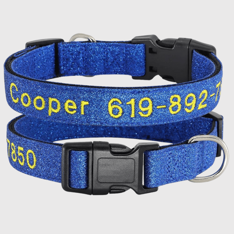 Collier cousu personnalisable pour chien bleu paillette