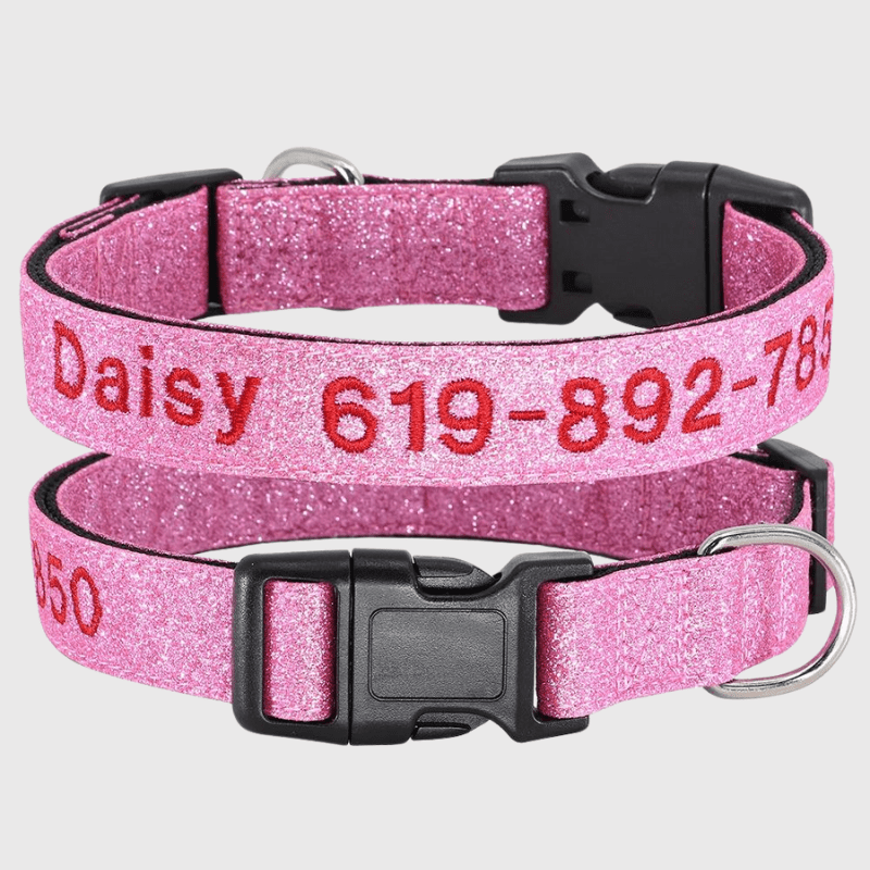 Collier cousu personnalisable pour chien rose paillette