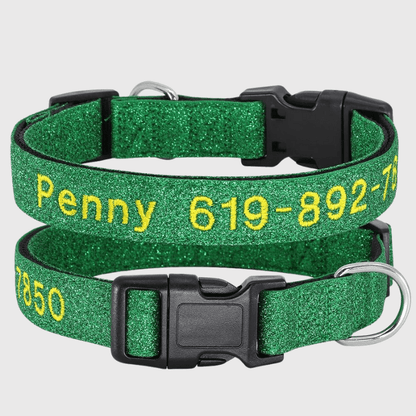 Collier cousu personnalisable pour chien vert paillette