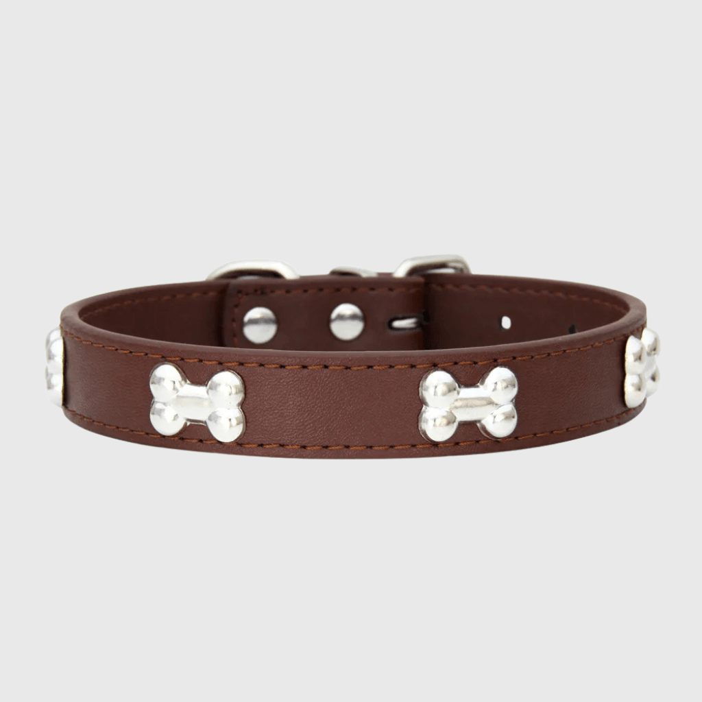 Collier en cuir pour chien motif os marron