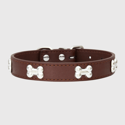 Collier en cuir pour chien motif os marron