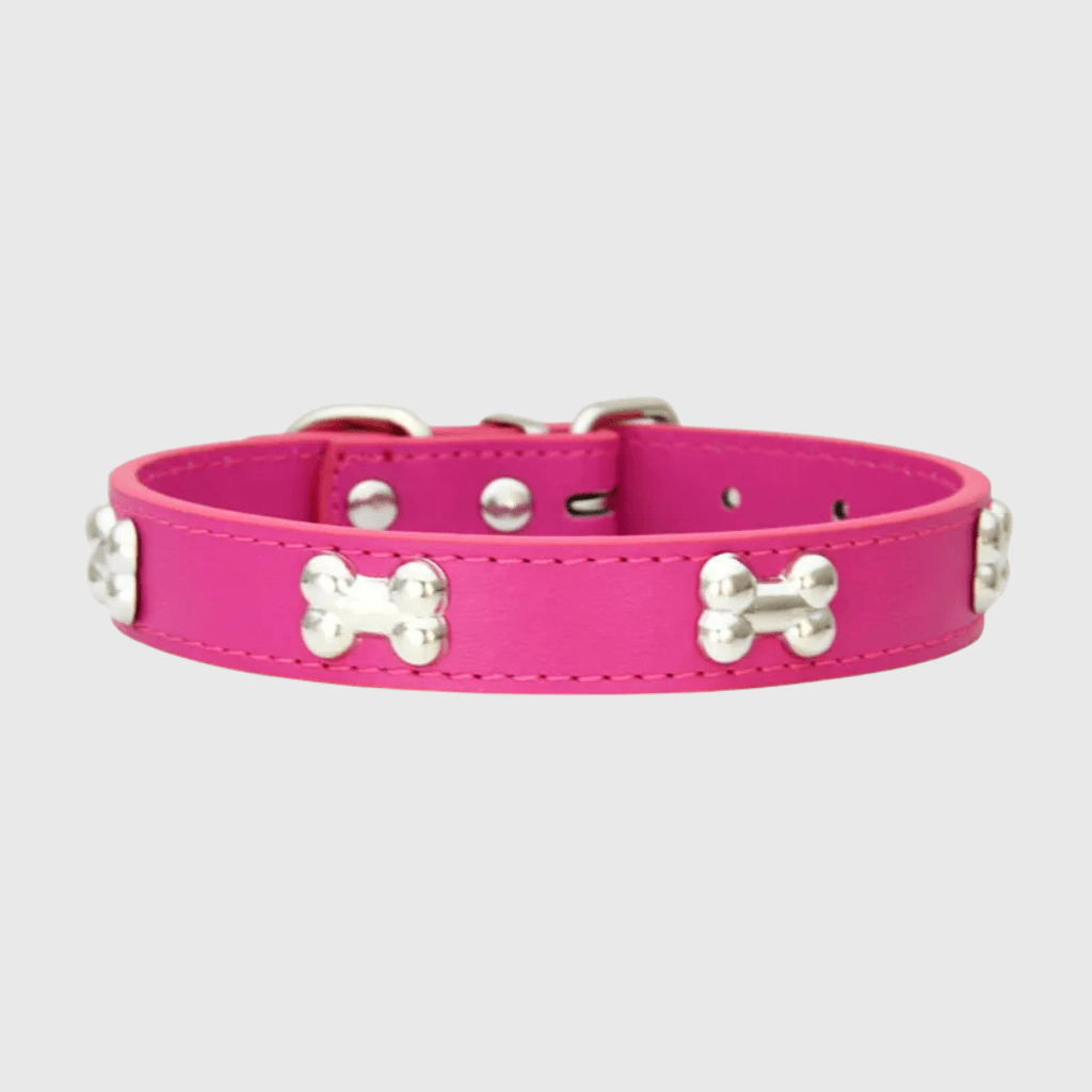Collier en cuir pour chien motif os rose