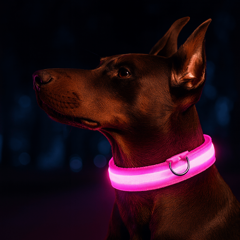 Collier fluo pour chien rose porter par un chien 