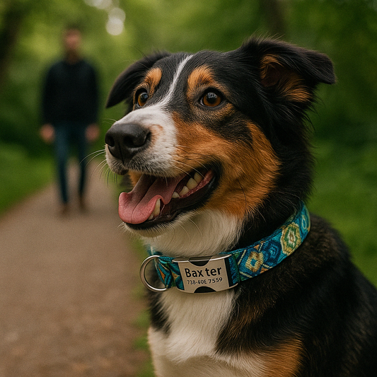 Collier personnalisé prénom et téléphone pour chien en foret avec son maitre
