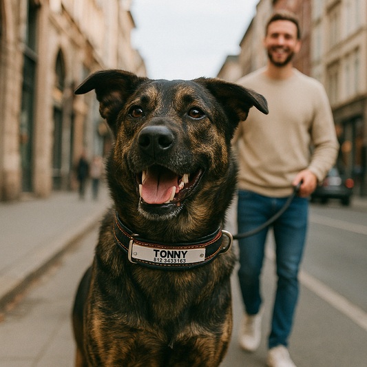 Collier pour chien avec medaille personnalise marron avec son maitre dans la rue
