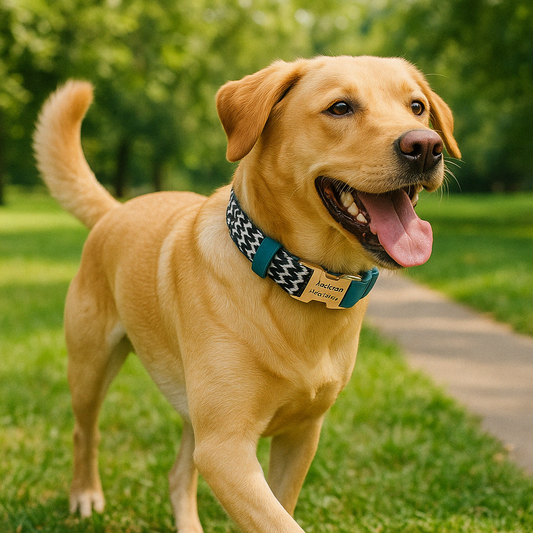 Collier vaguelette personnalisable pour chien marchant dans un parc