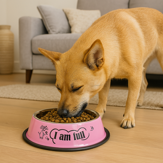 Gamelle chien inox Rose chien qui mange dans sa gamelle