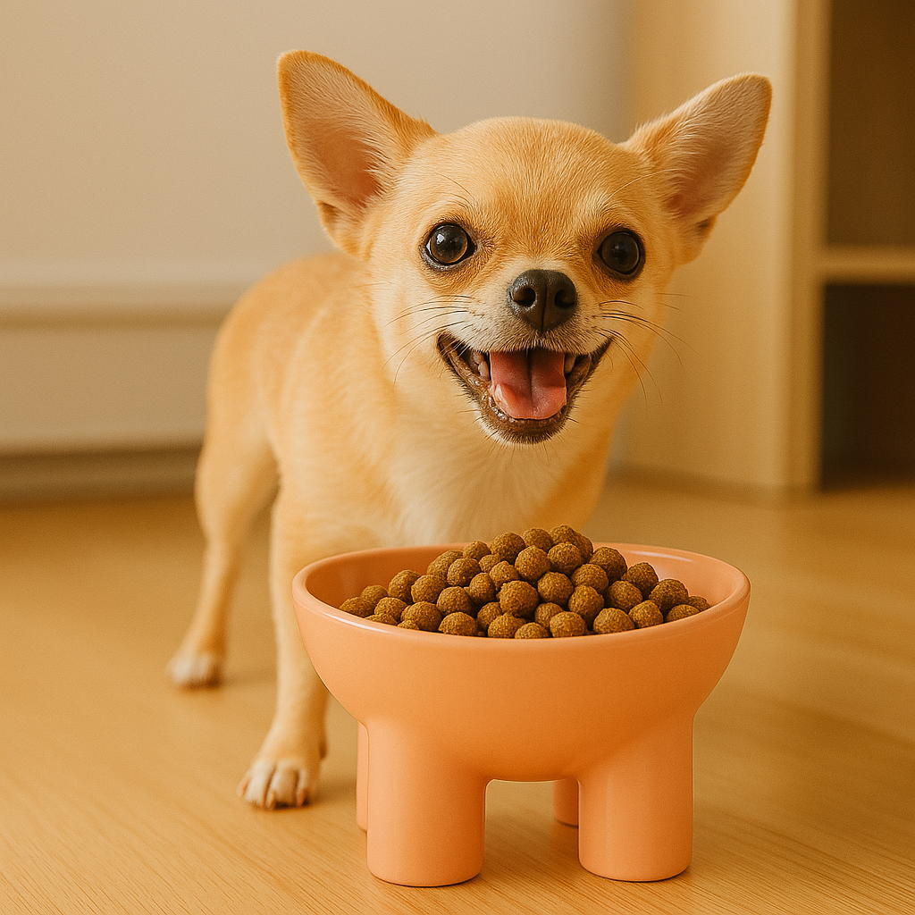 Gamelle chien surélevée Rose chihuahua qui mange