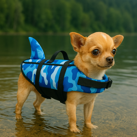 Gilet de nage pour chien bleu modele requin chihuahua au lac