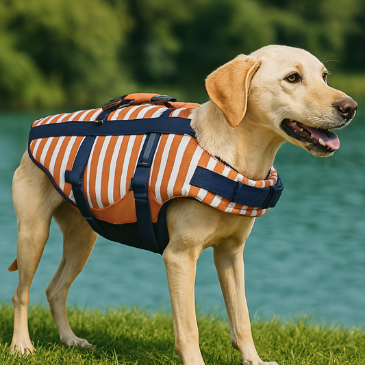Gilet de sauvetage chien raye Orange sur un labrador