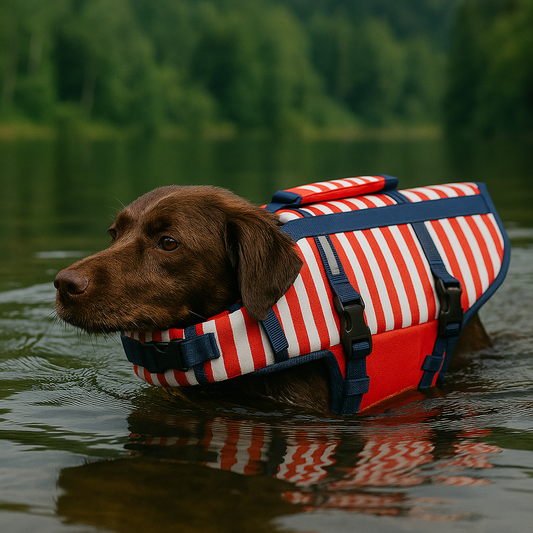 Gilet de sauvetage chien raye rouge avec un chien de chasse