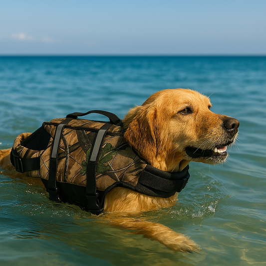 Gilet de sauvetage pour chien de couleur marron labrador qui nage