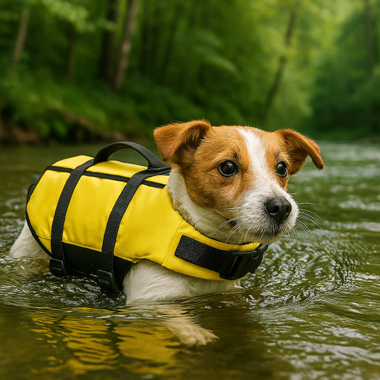 Harnais gilet de sauvetage pour chien jaune jack russel qui nage