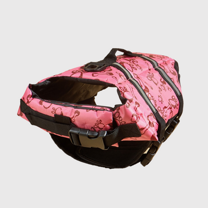 Harnais gilet de sauvetage pour chien rose modele patte de chien 