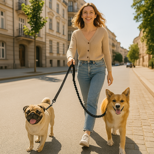 Laisse Double pour chien avec zéro enchevêtrement maitresse marchant avec ses dans la rue