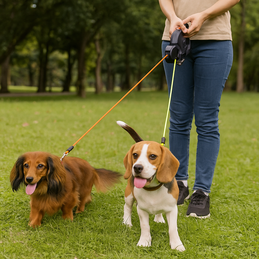 Laisse double enrouleur pour chiens dans un parc