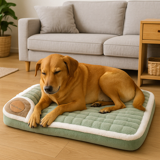Lit apaisant pour chien vert avec chien qui dort dessus