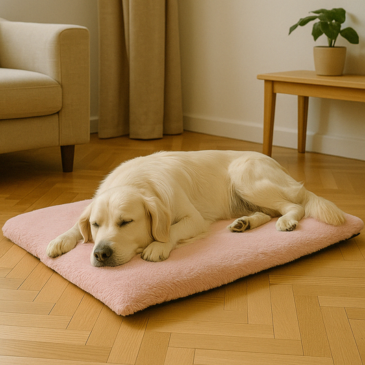 Lit original pour chien rose labrador qui dort dessus dans un salon 