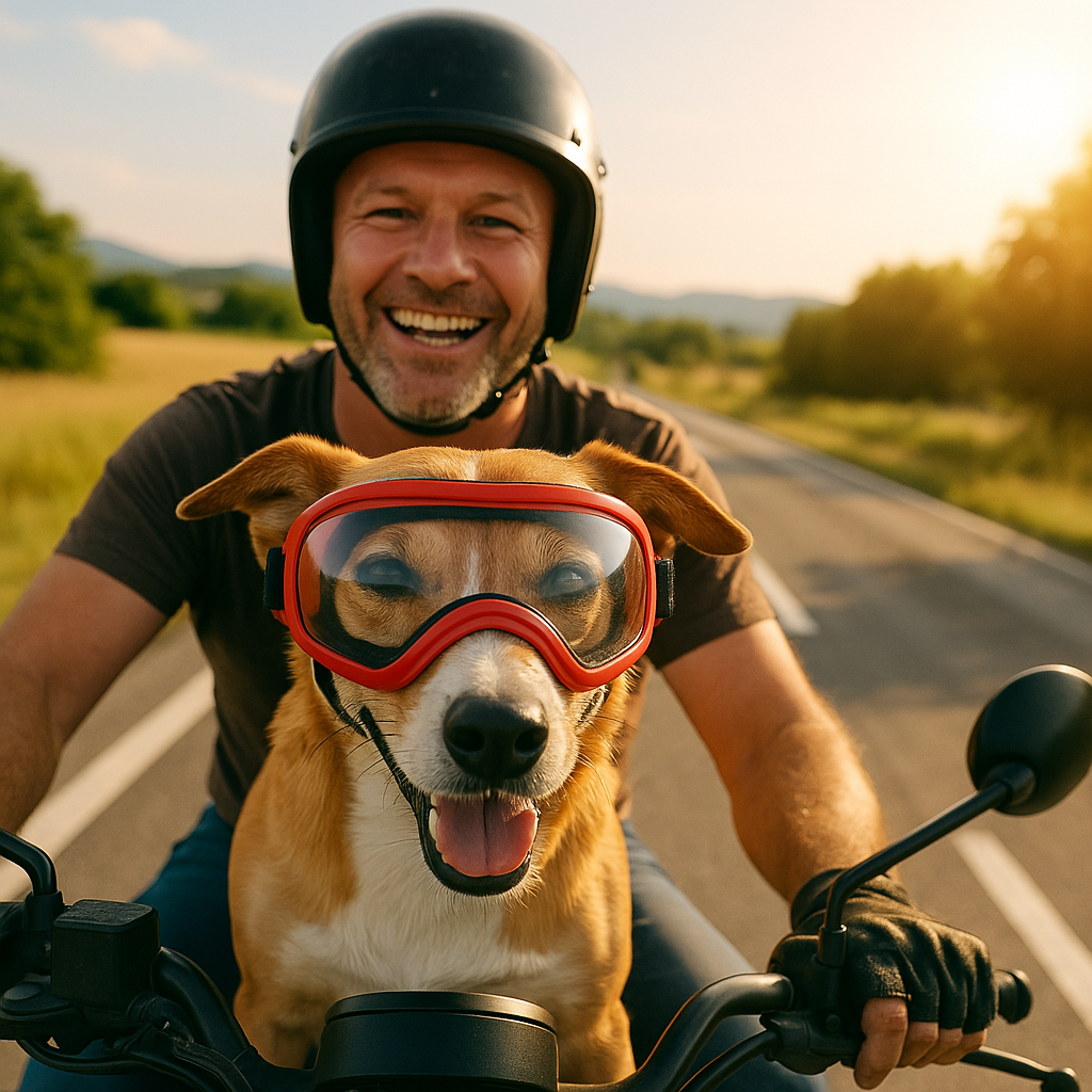 Lunette moto pour chien et son maitre en balade en moto 