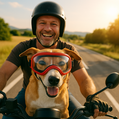 Lunette moto pour chien et son maitre en balade en moto 