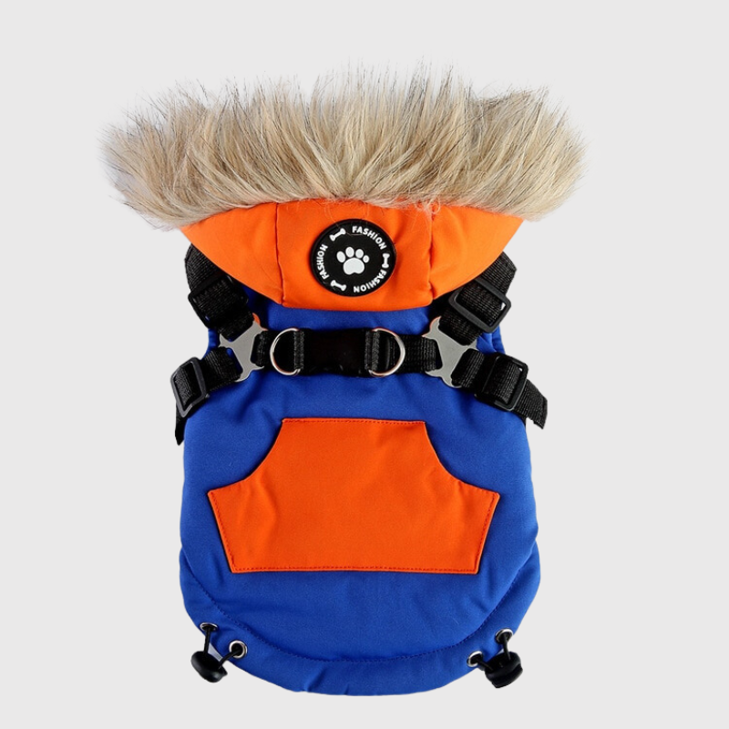 Manteau avec capuche pour chien avec harnais intégré orange et bleu