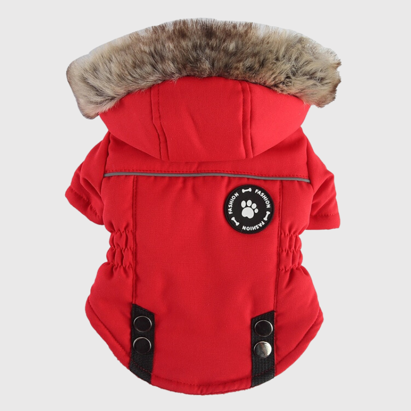 Manteau avec capuche pour chien avec harnais intégré rouge