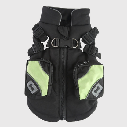 Manteau fourre pour chien avec harnais intégré noir avec poche