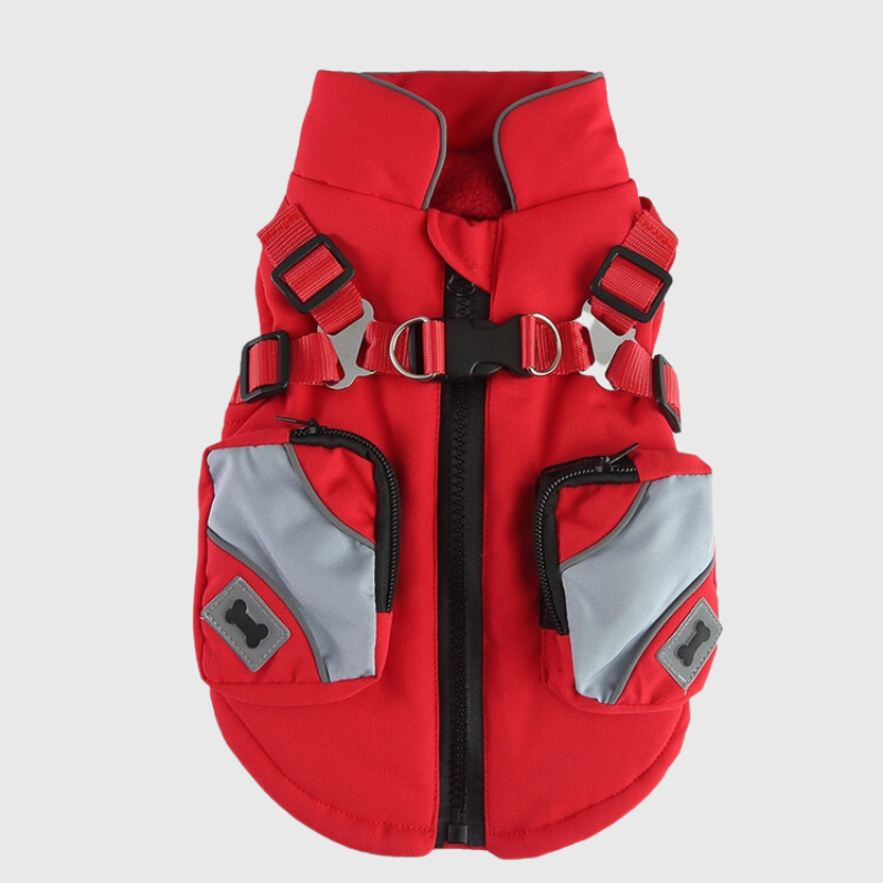 Manteau fourre pour chien avec harnais intégré rouge avec poches