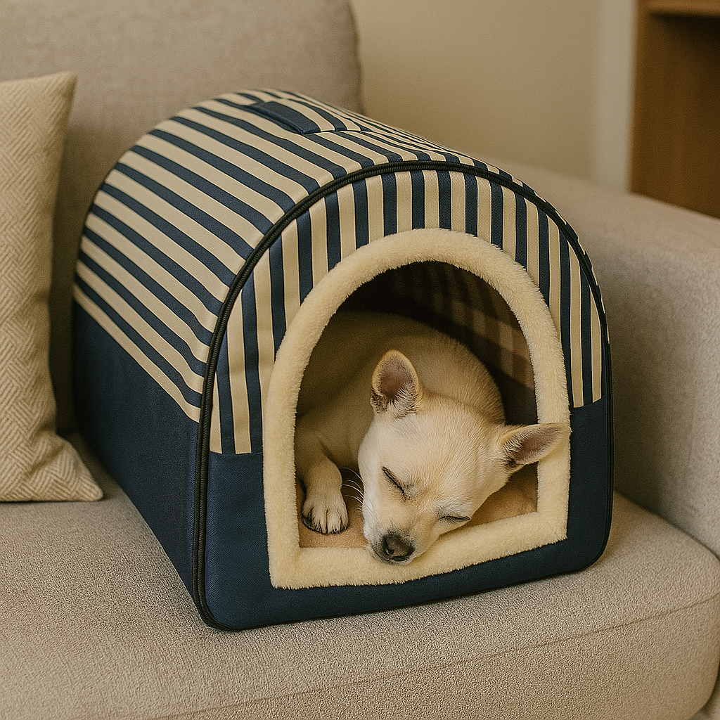Niche d'intérieur pour chien bleue et blanche avec chien qui dort