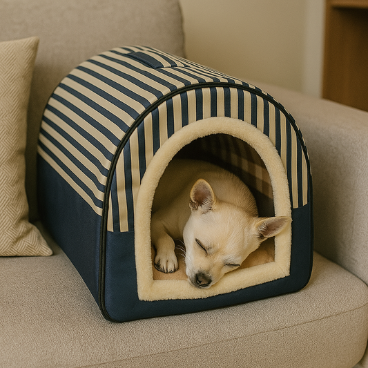 Niche d'intérieur pour chien bleue et blanche avec chien qui dort