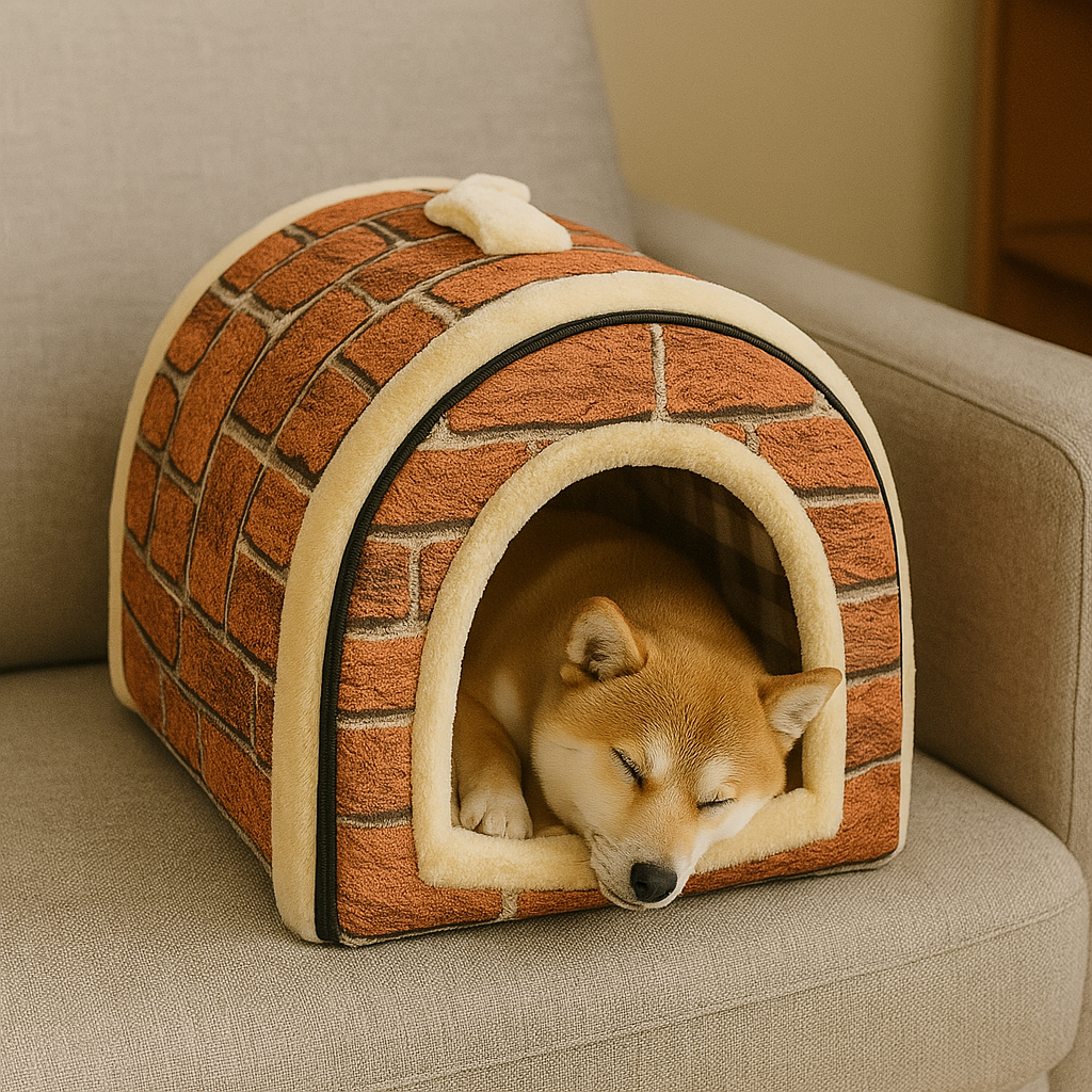 Niche d'intérieur pour chien couleur brique avec shiba inu dedans