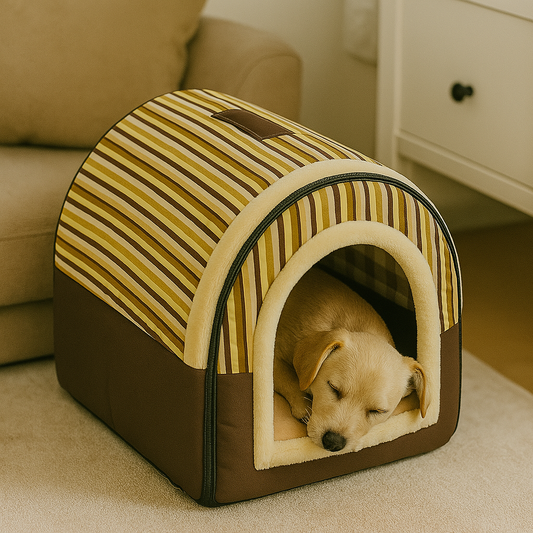 Niche d'intérieur pour chien marron à traits chiot qui dort dedans 