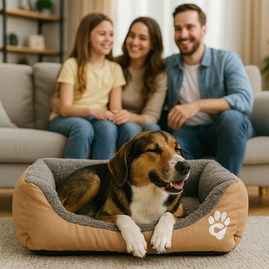 Panier confortable pour chien dans maison avec sa famille