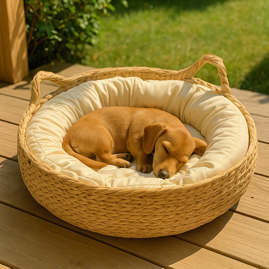 Panier en osier pour chien avec chiot qui dort dedans
