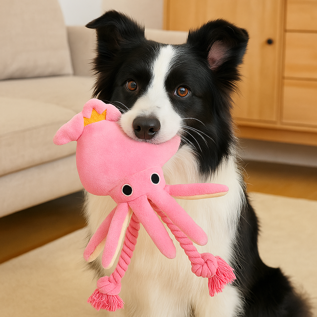 Peluche pieuvre pour chien border collie