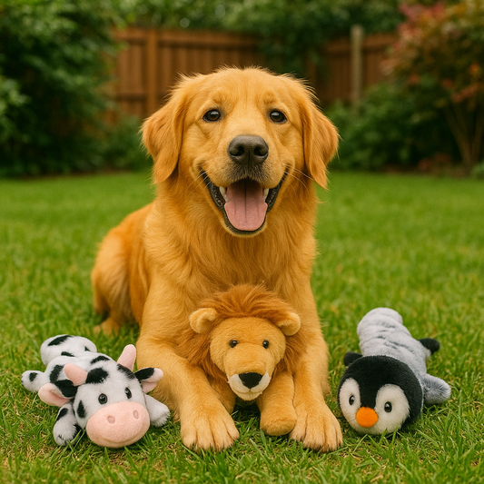Peluche pour chien anti-stress golden dans son jardin