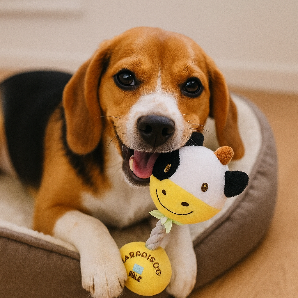 Peluche vache pour chien destructeur dans son panier