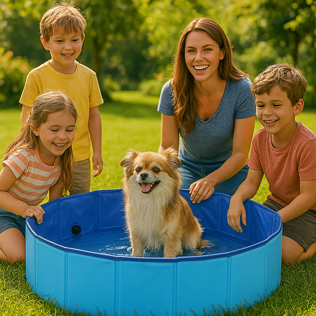Piscine pour chien en plastique dur  bleu avec sa famille autour