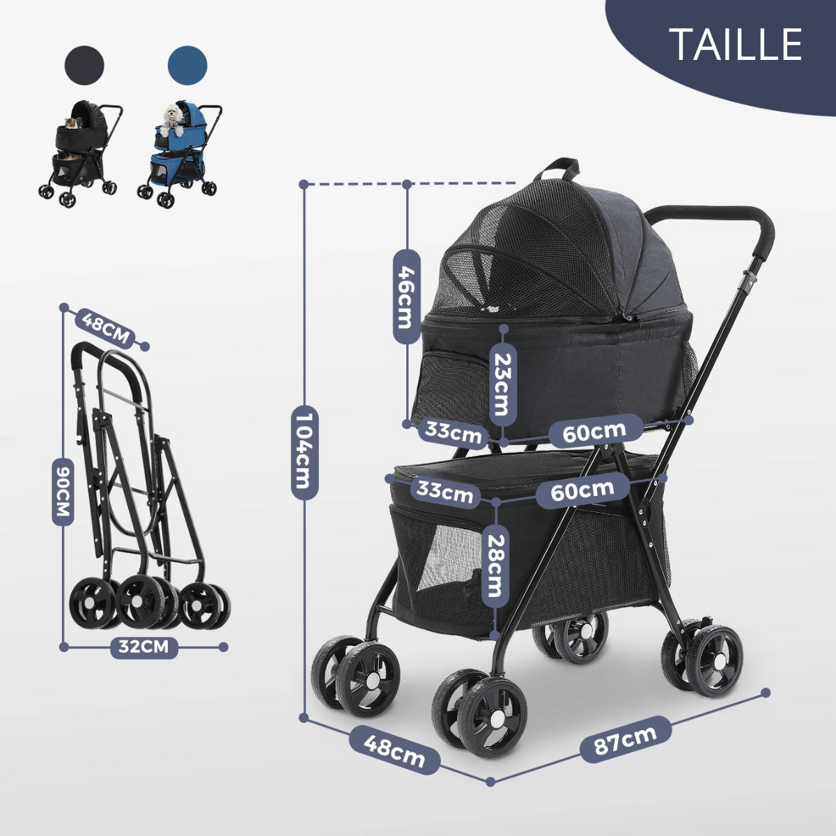 Poussette pour chien pliable taille
