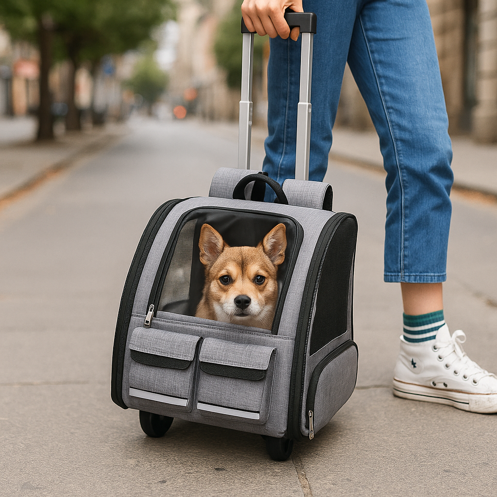 Sac à dos à roulette pour chien dans une rue