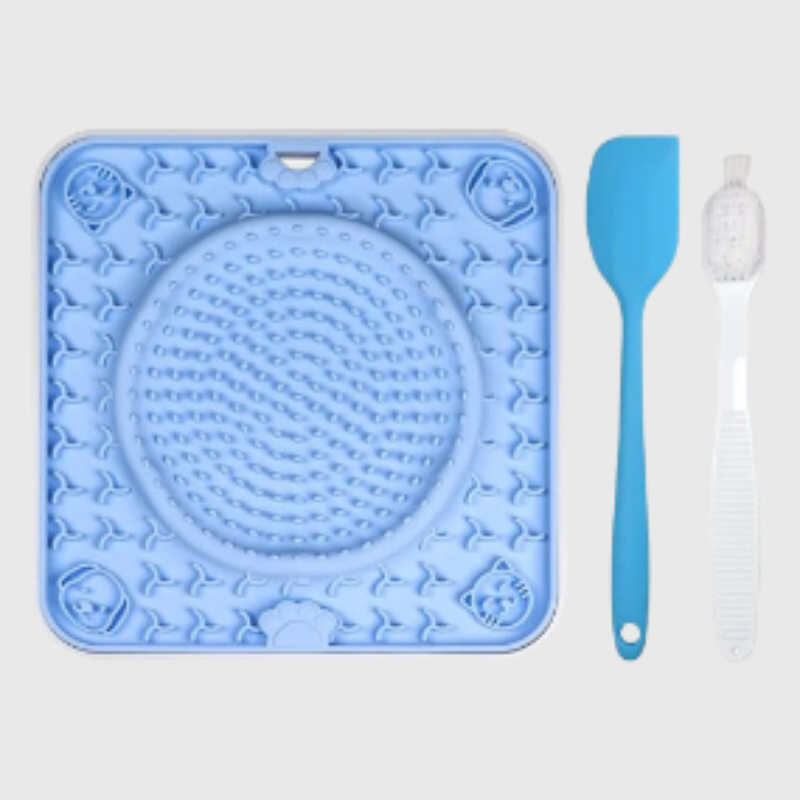 Tapis de fouille pour chien carre avec une cuillere brosse a dent bleu