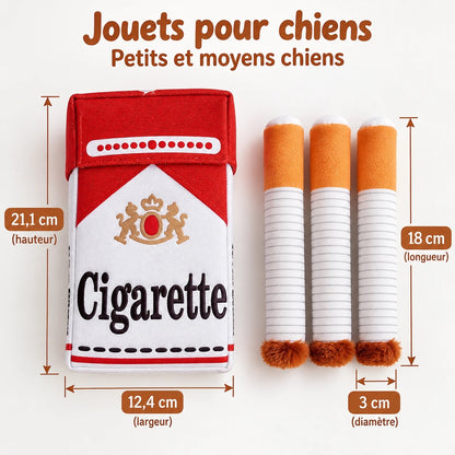 Dimensions du jouet cigarette pour chien : paquet de 21 cm sur 12 cm et cigarettes de 18 cm