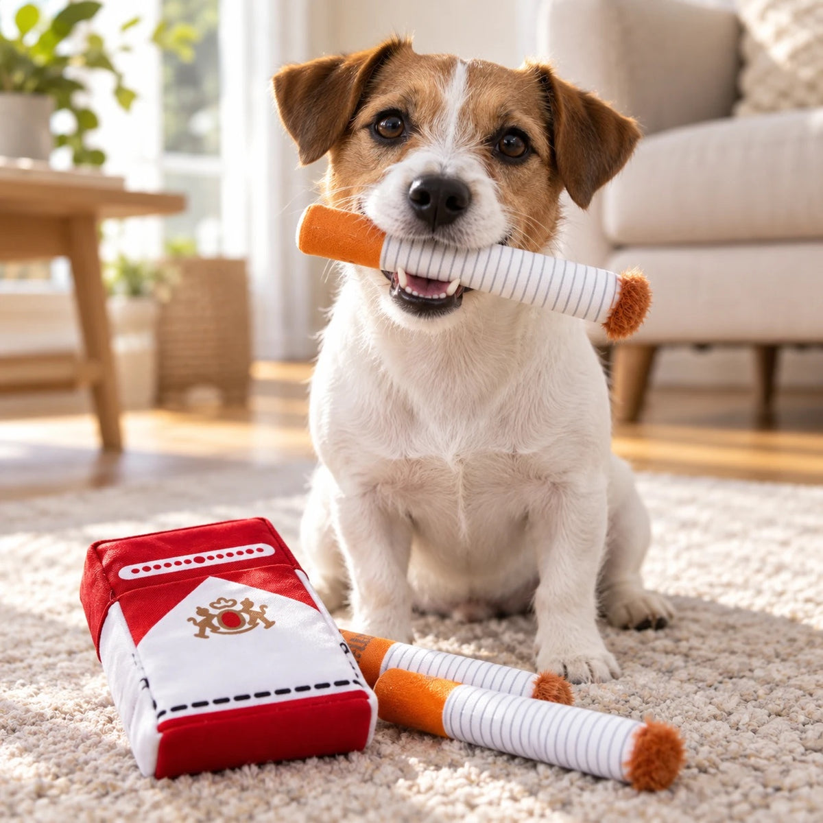 Jack Russell assis dans un salon avec une cigarette en peluche dans la gueule, le paquet en tissu posé devant lui