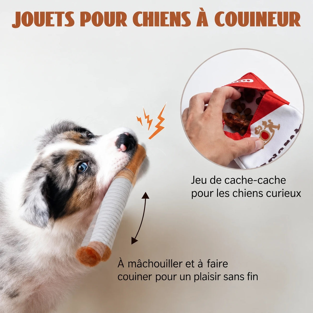 Chiot mordillant une cigarette en peluche à couineur et paquet ouvert avec des croquettes cachées